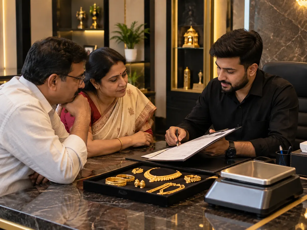 A family reviewing gold valuation paperwork together with a Majestic Gold representative