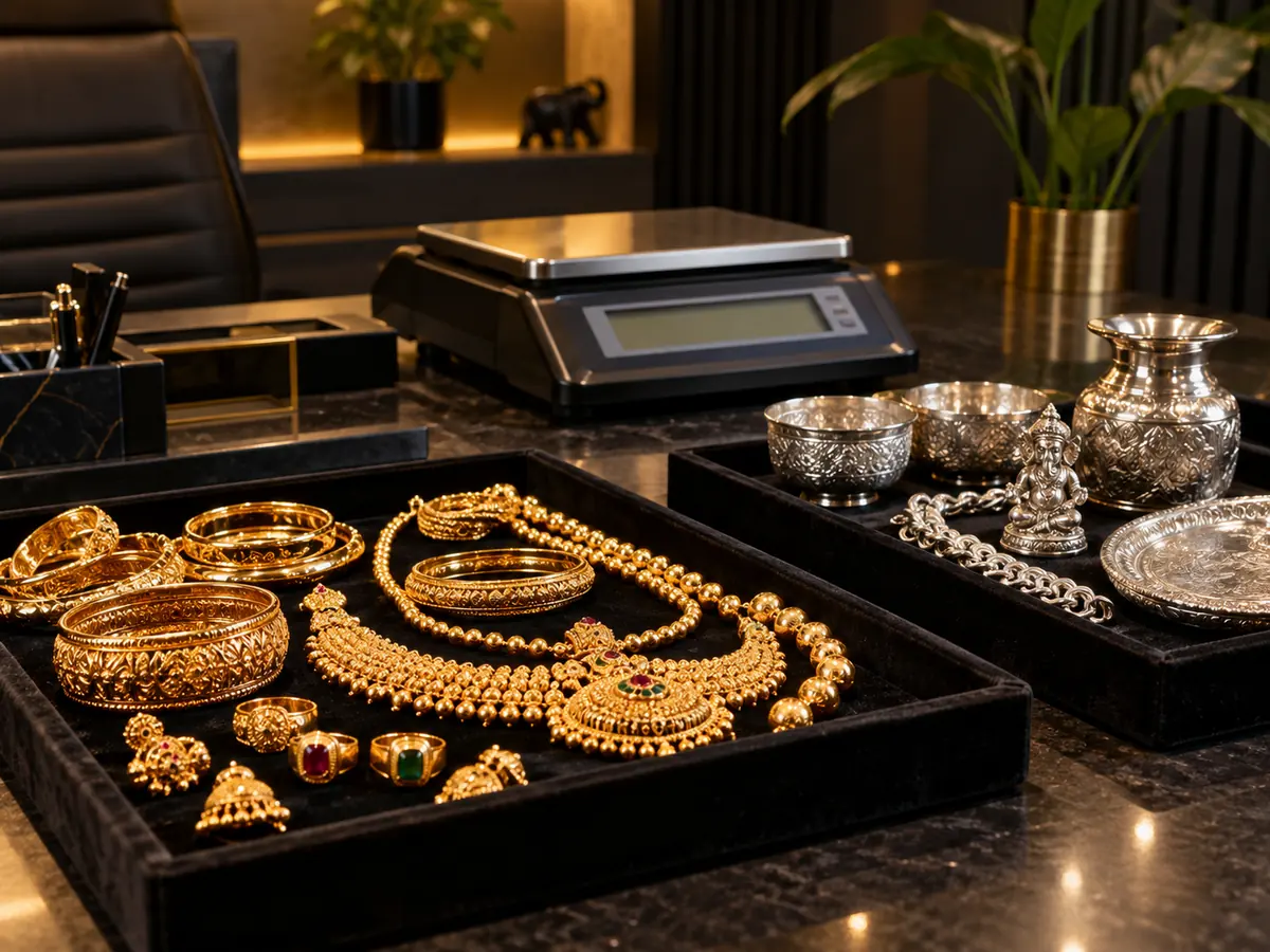 Gold and silver jewellery, bangles and coins laid out for valuation at Majestic Gold