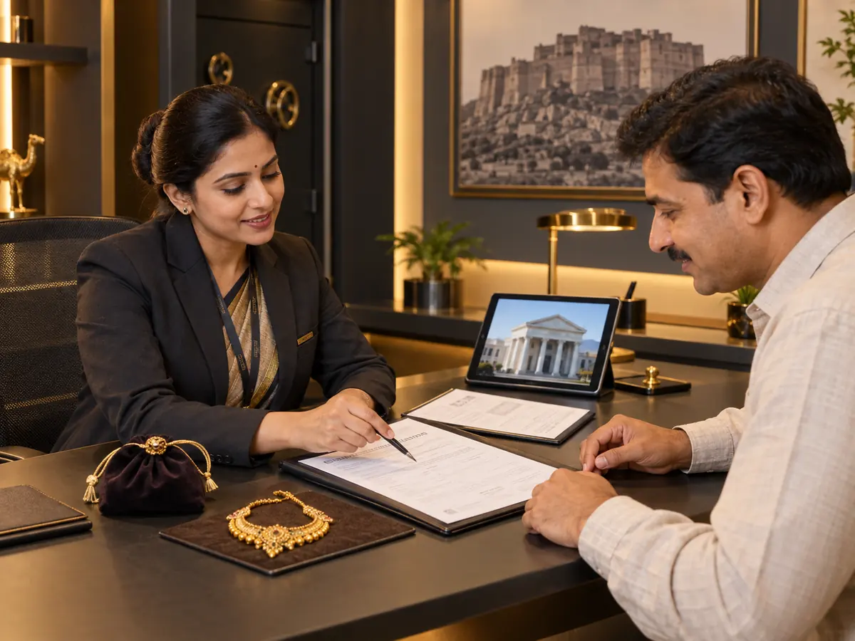 Customer completing pledged gold loan settlement paperwork with Majestic Gold representative